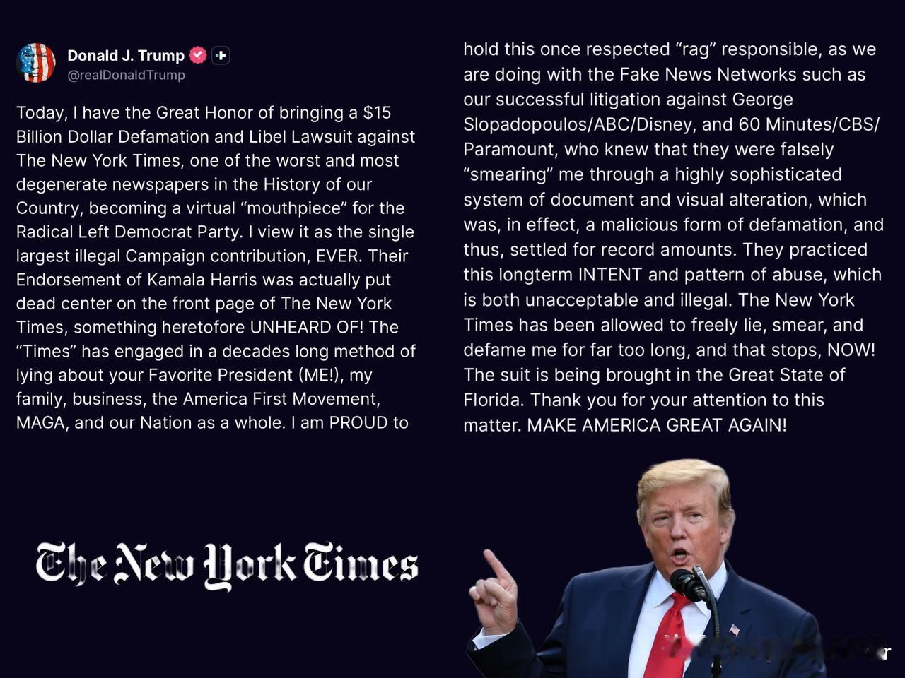 🚨突发新闻：特朗普总统起诉《纽约时报》，索赔 150 亿美元，指控其诽谤

“