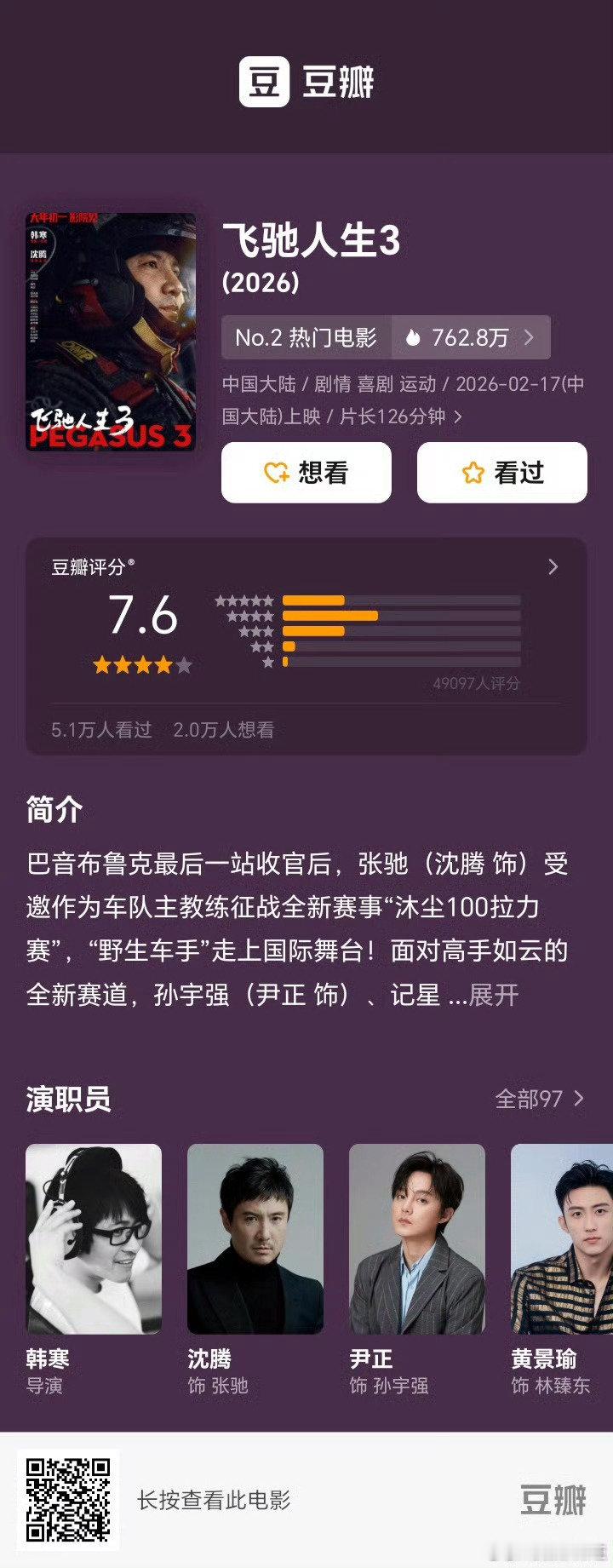 飞驰人生3豆瓣开分7.6飞驰人生3开分7.6哇  哇！3部春节档电影豆瓣已开分 