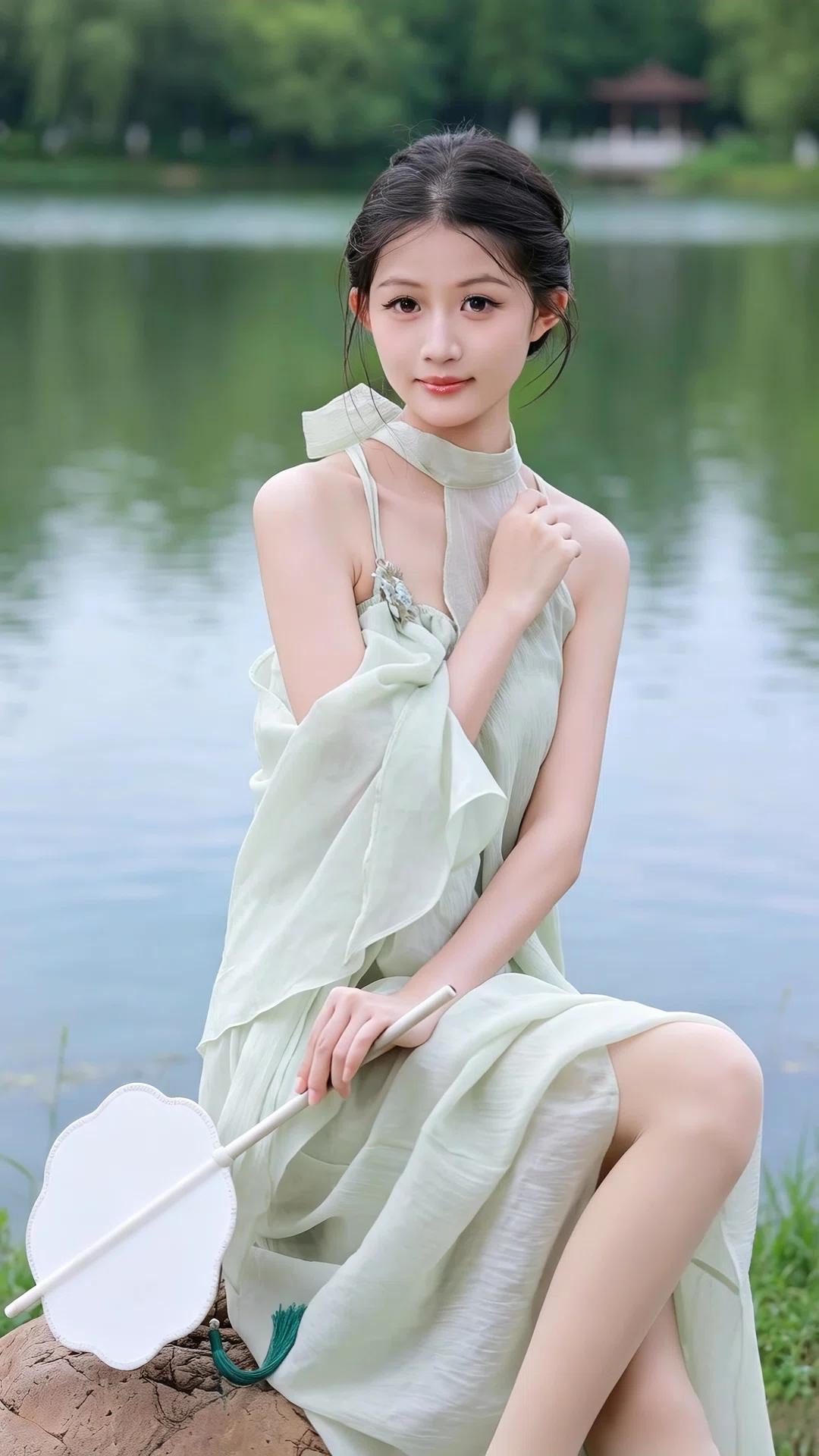 1. 人物造型与服饰
- 服装风格： 模特身穿一套浅绿色的改良式汉服或新中式连衣