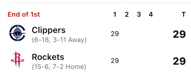 快船今天还行，和火箭首节打平了快船vs火箭