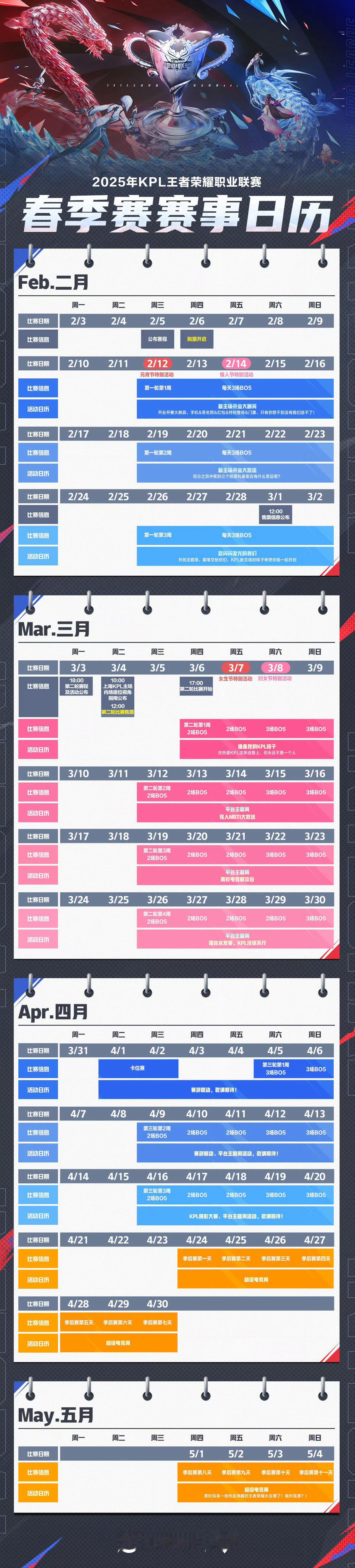 2025KPL春季赛  2025年KPL春季赛常规赛第二轮赛事日历【重要时间点】