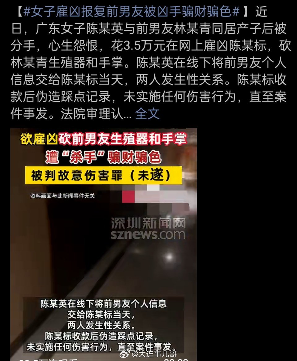 女子雇凶报复前男友被凶手骗财骗色情爱纠葛动歹念，雇凶报复终获刑同居生子后惨遭分手