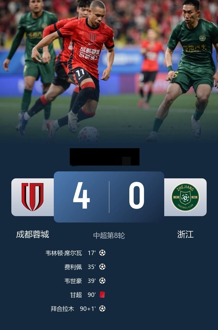 中超 蓉城4-0浙江，韦林顿传射，费利佩、韦世豪分别建功，拜合拉木破门
4月25