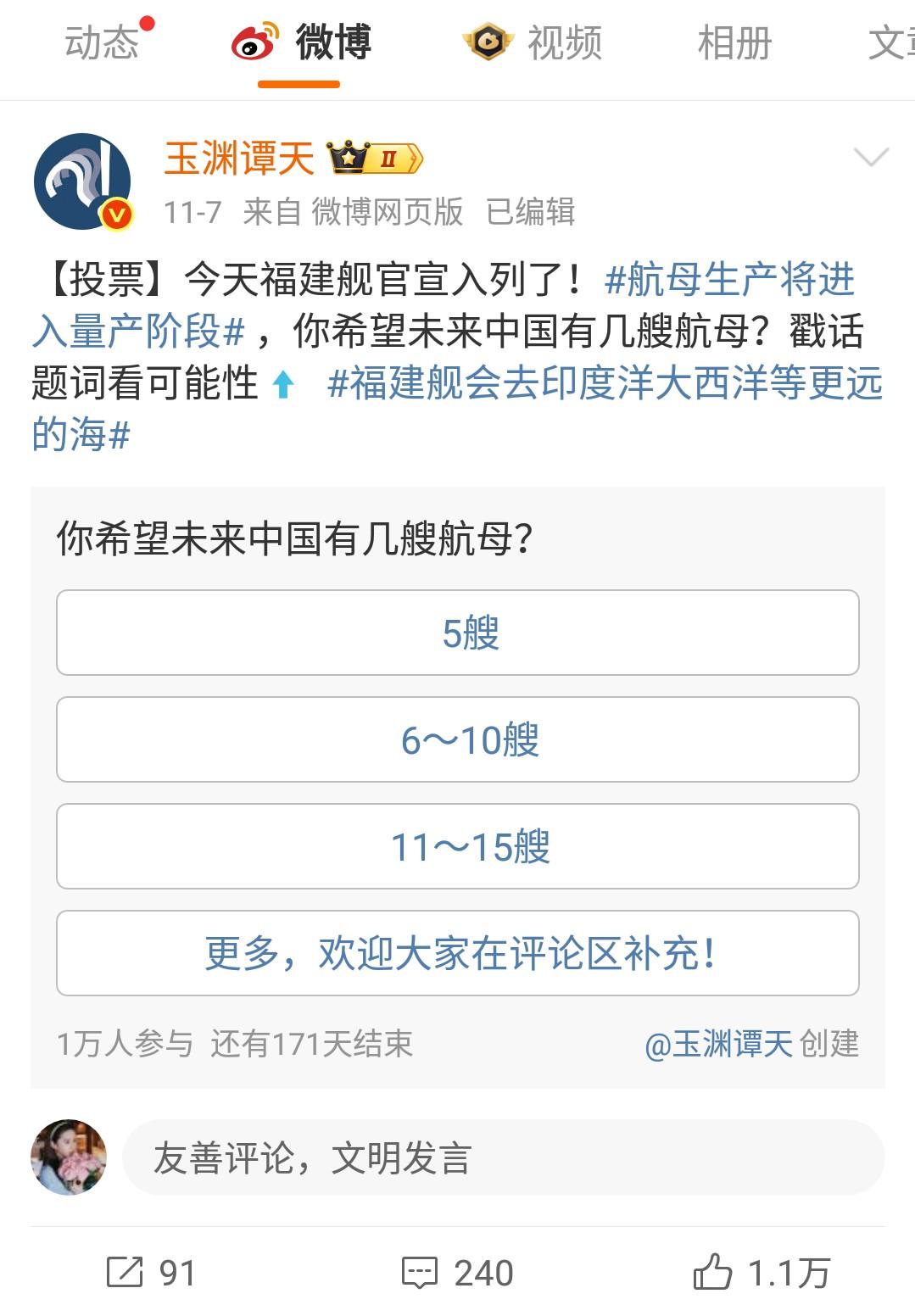 玉渊谭天发起了一个投票，福建舰官宣入列了，你希望未来中国有几艘航母？

投票最多