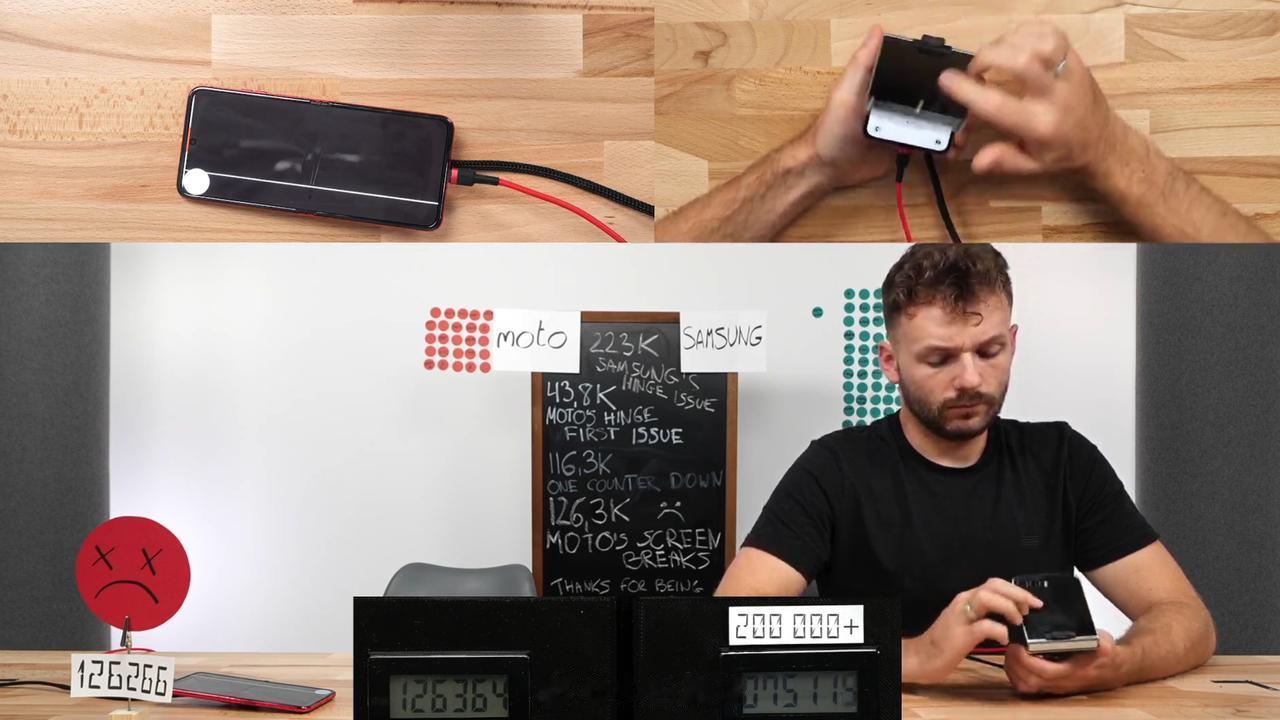 油管有个频道直播好几天了，一直在手动折手机，测试三星和moto两台小折叠屏手机徒