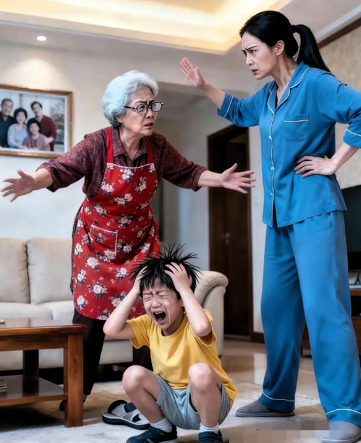 昨晚刚教训完儿子，我妈“啪”地抓起拖鞋就朝我喊：“再动我孙子一根手指头，我跟你拼