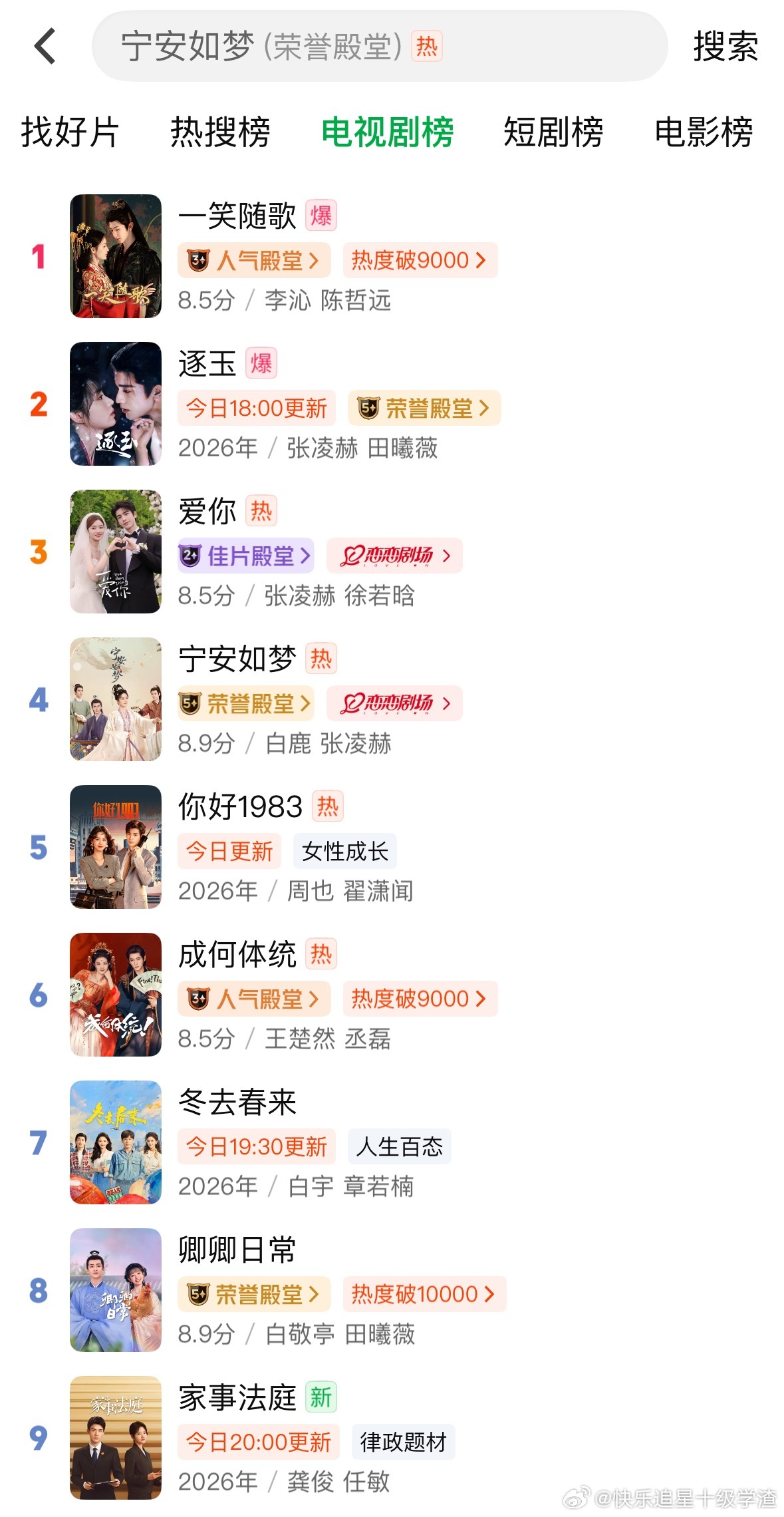 《一笑随歌》在爱奇艺的热搜榜和电视剧榜双第一了 