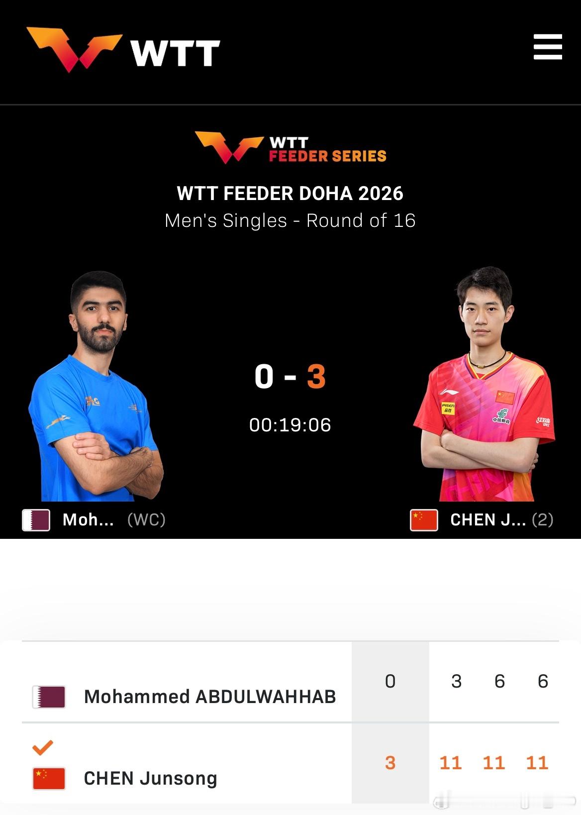 WTT支线赛多哈站2026 男单1/8决赛：🇨🇳陈俊菘3比0穆罕默德·阿卜杜