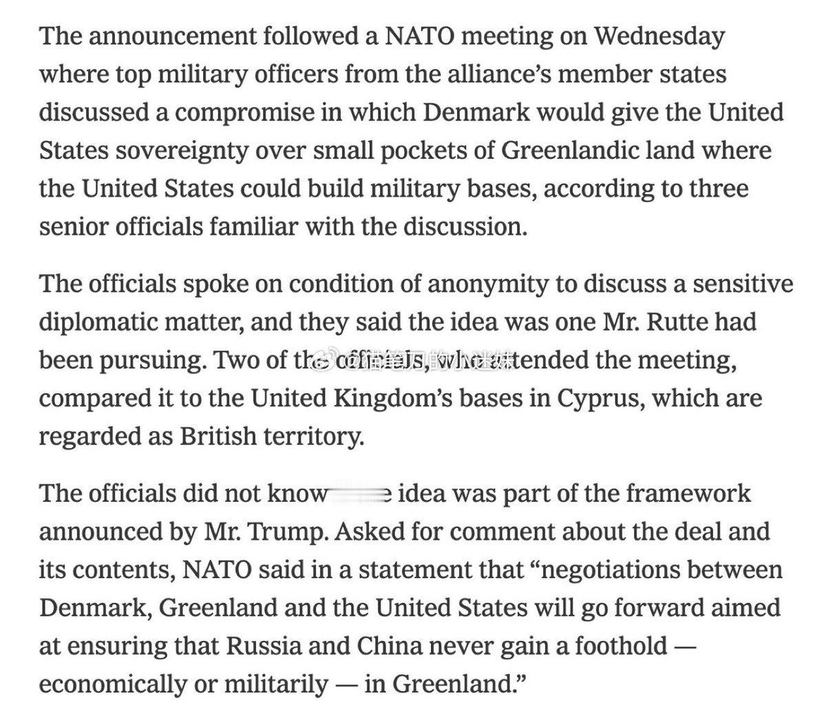 据三位熟悉讨论情况的高级官员透露，根据《格陵兰协议》，丹麦将给予美国格陵兰岛小块