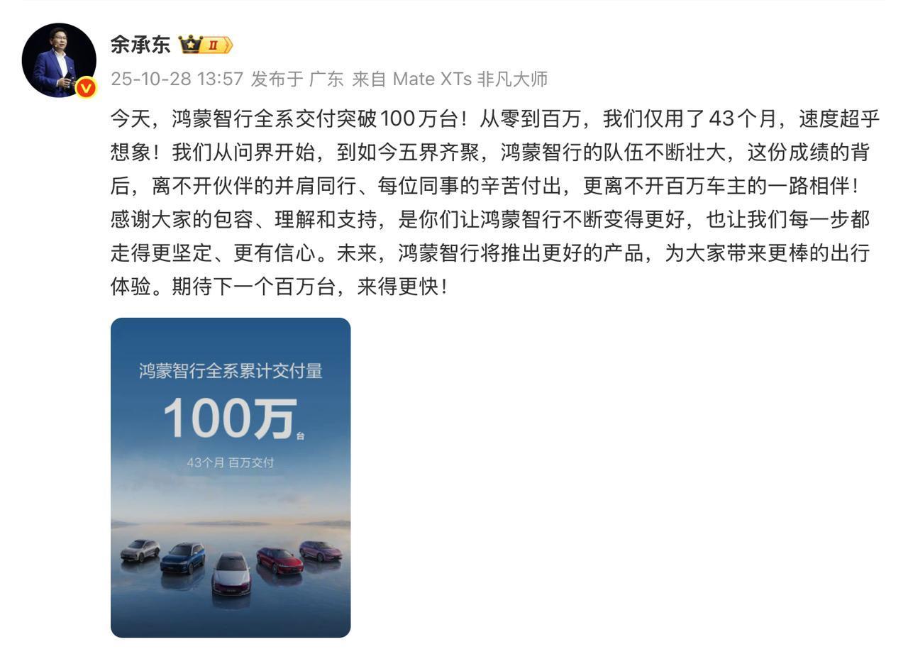 五界齐聚之后，交付加速，第一个百万，如约而至。
来自余总的官宣消息，鸿蒙智行全系