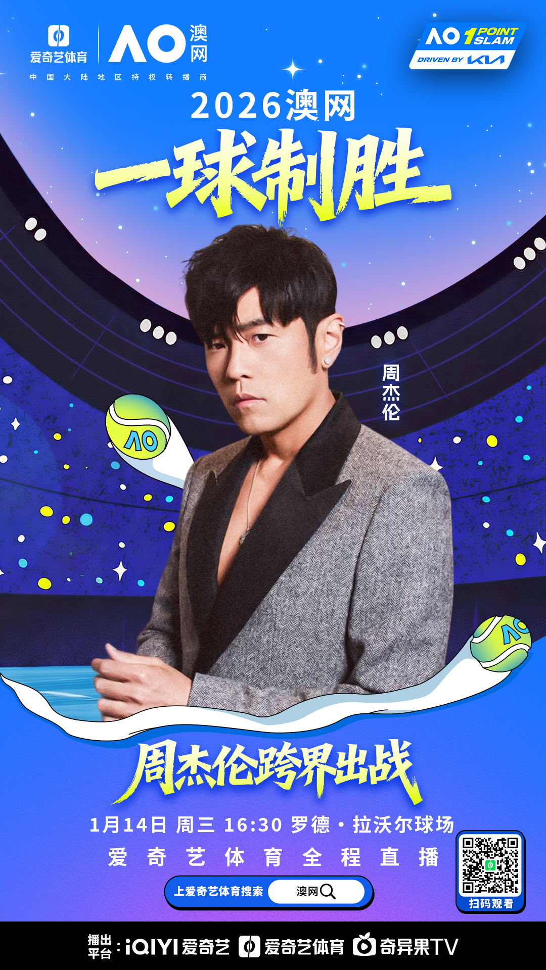 今天下午澳网将有“一球致胜”赛事，冠军独享100万澳元奖金。周杰伦要打澳网了看2