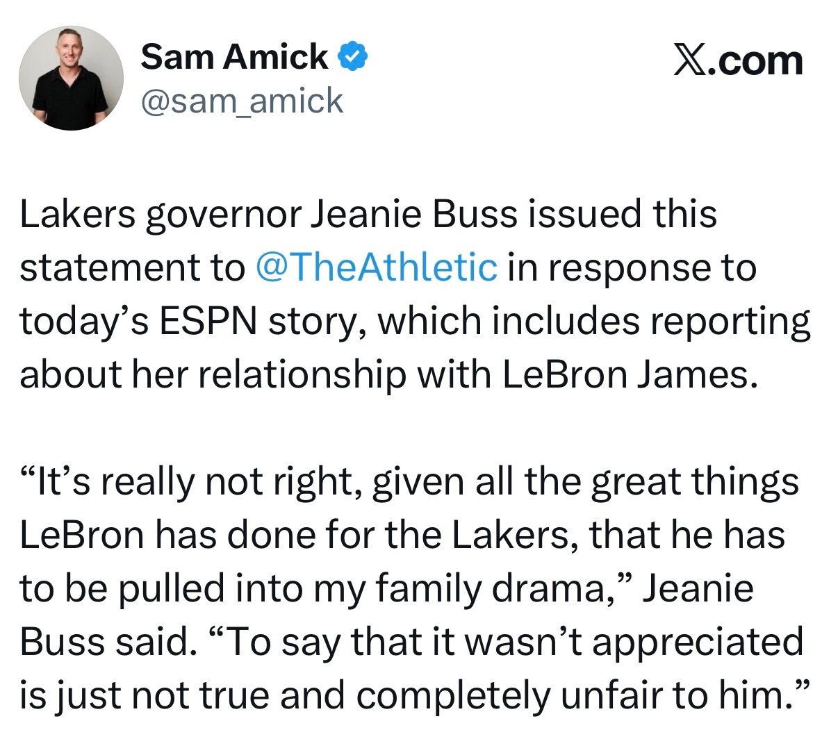 湖人队老板珍妮·巴斯就今天 ESPN 的报道发表了以下声明 ，该报道涉及她与勒布