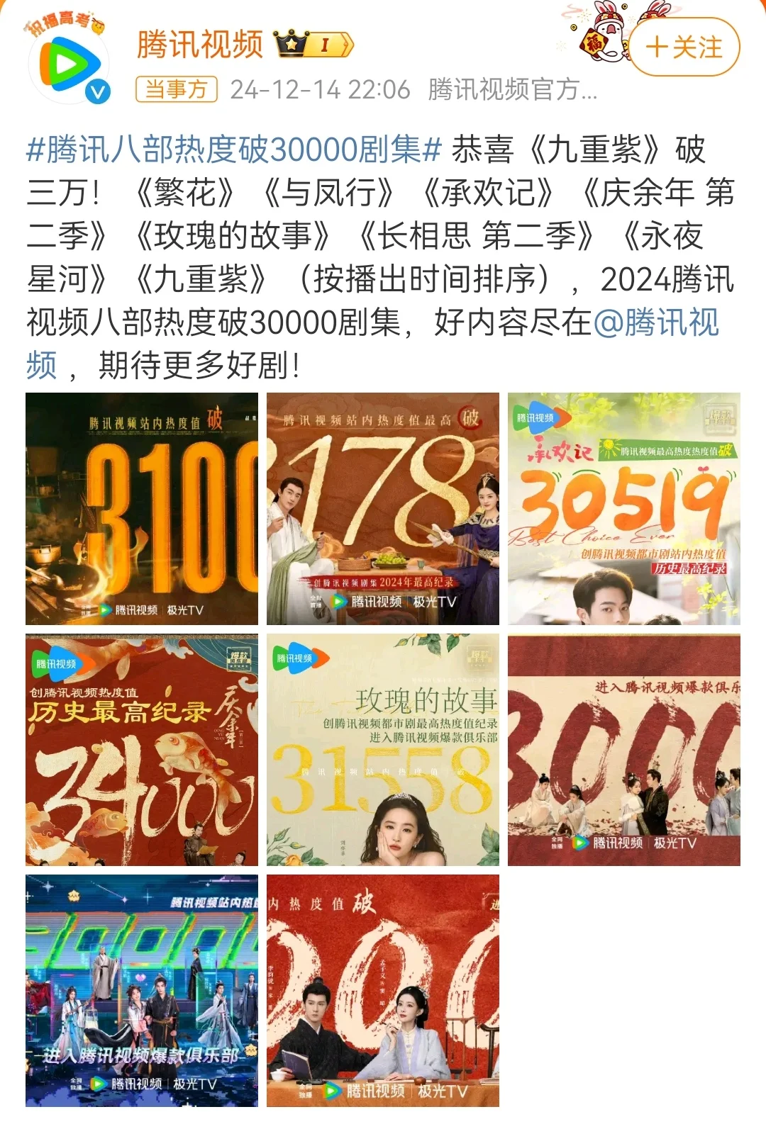 九重紫也是新版热度第一部破30000的S级剧集