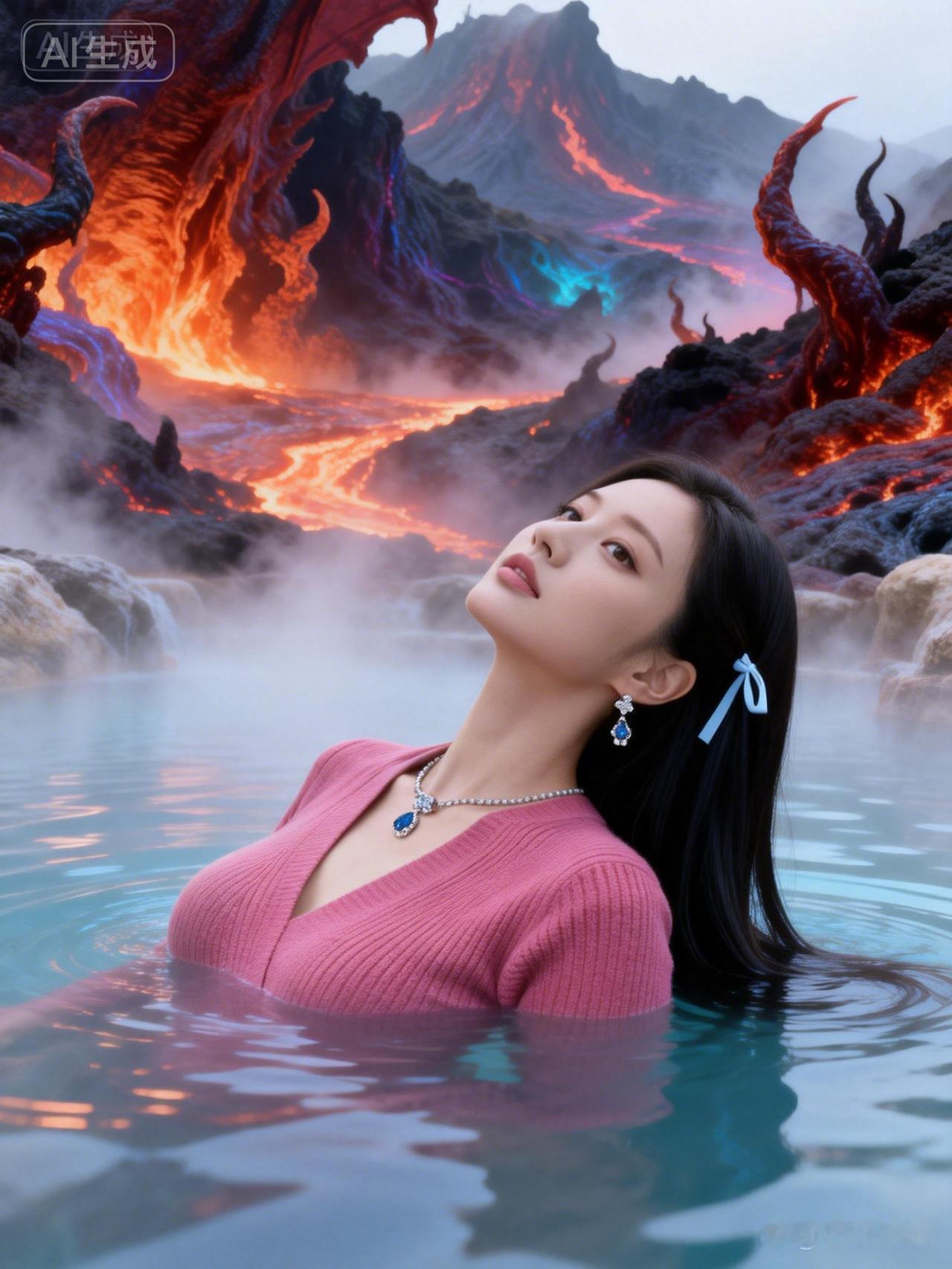 冰火相融的秘境里，
泠冽的碧水漫过肩头，
身后是熔岩翻涌的炽烈山峦。
发间的浅蓝