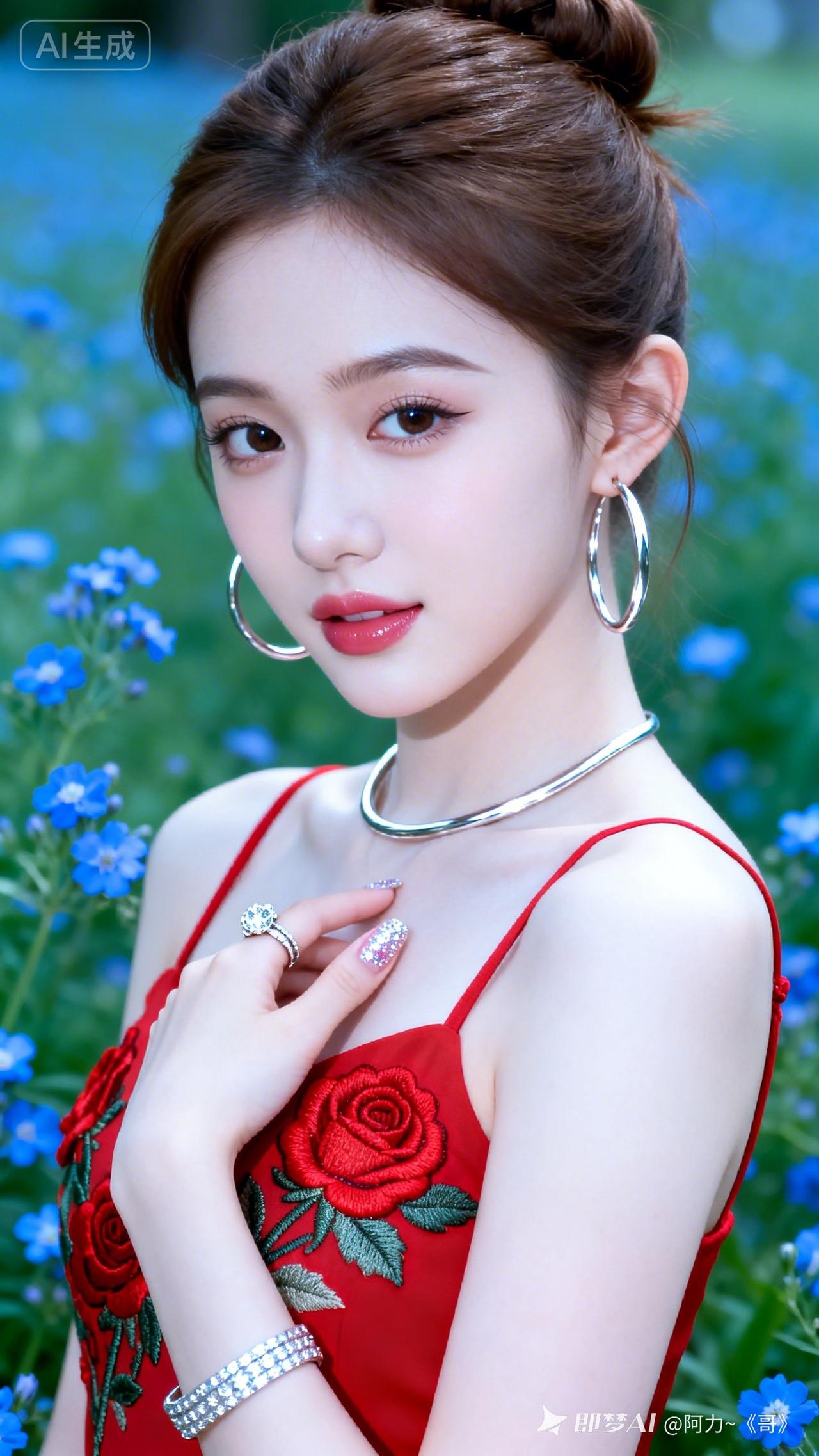娇小美少女，棕调简约盘发，冷白皮瓷感肌肤，五官比例匀称。身着带红玫瑰刺绣红吊带，