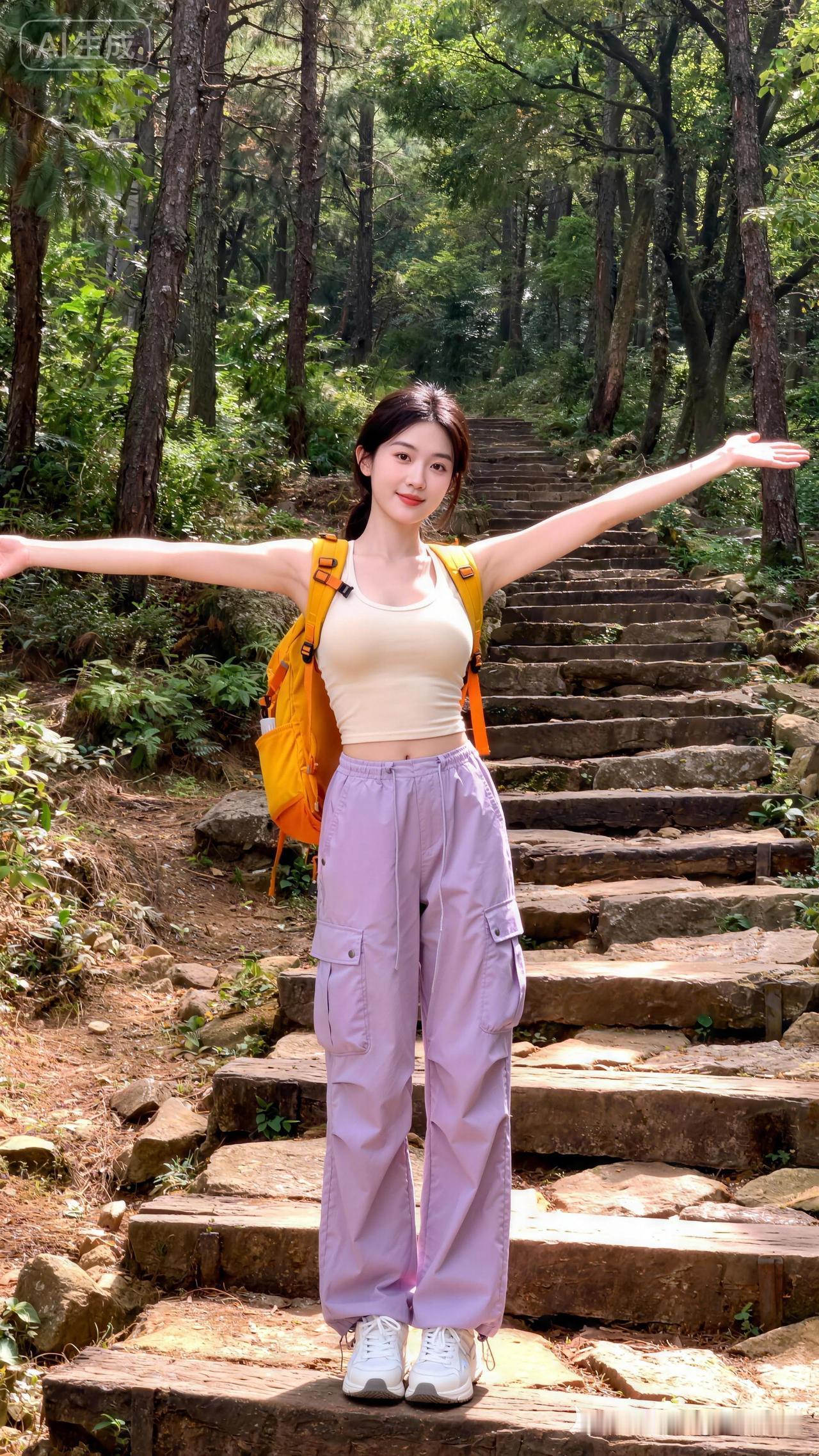 女子立林间石阶，浅米背心、浅紫工装裤配白鞋，橘黄背包，双臂舒展。人物居中，暖光洒