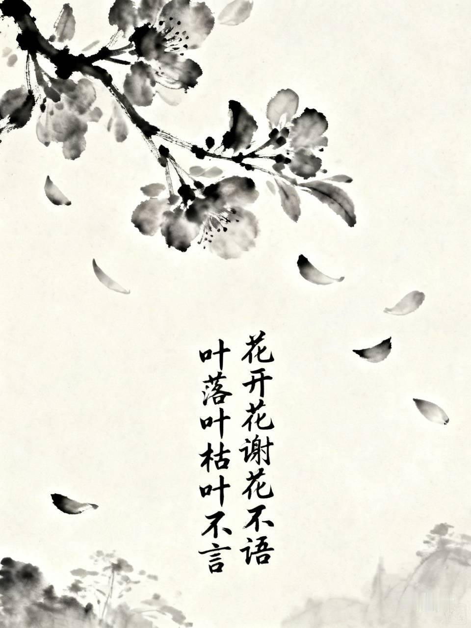 上联：花开花谢花不语，
下联：叶落叶枯叶不言。