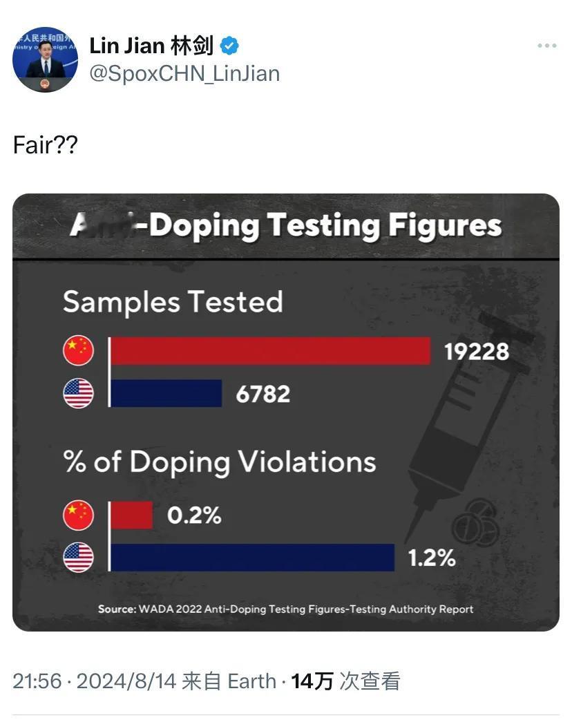 外交部发言人、公共外交司副司长林剑写道：“公平吗？？”（Fair??）
林剑附上