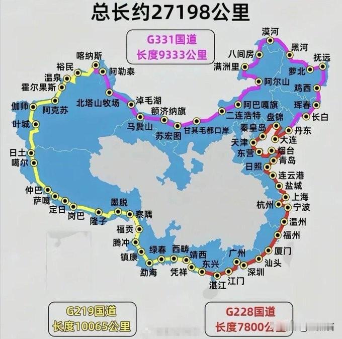 中国大陆环国境线国道总长度约27198公里，赤道半周长约20,037公里。27,