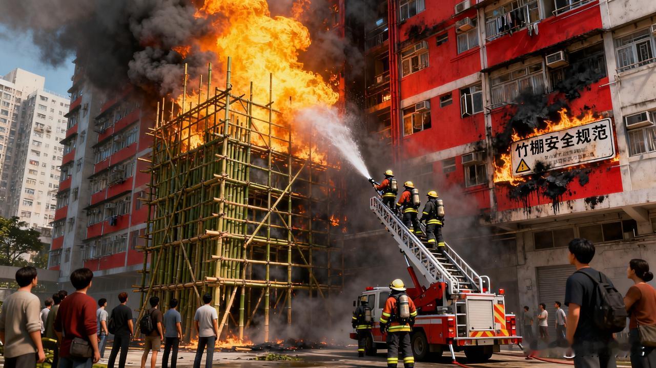 竹制手脚架惹了大火。据悉此次香港火灾为多栋老楼维修使用的竹制手脚架被引燃所导致！