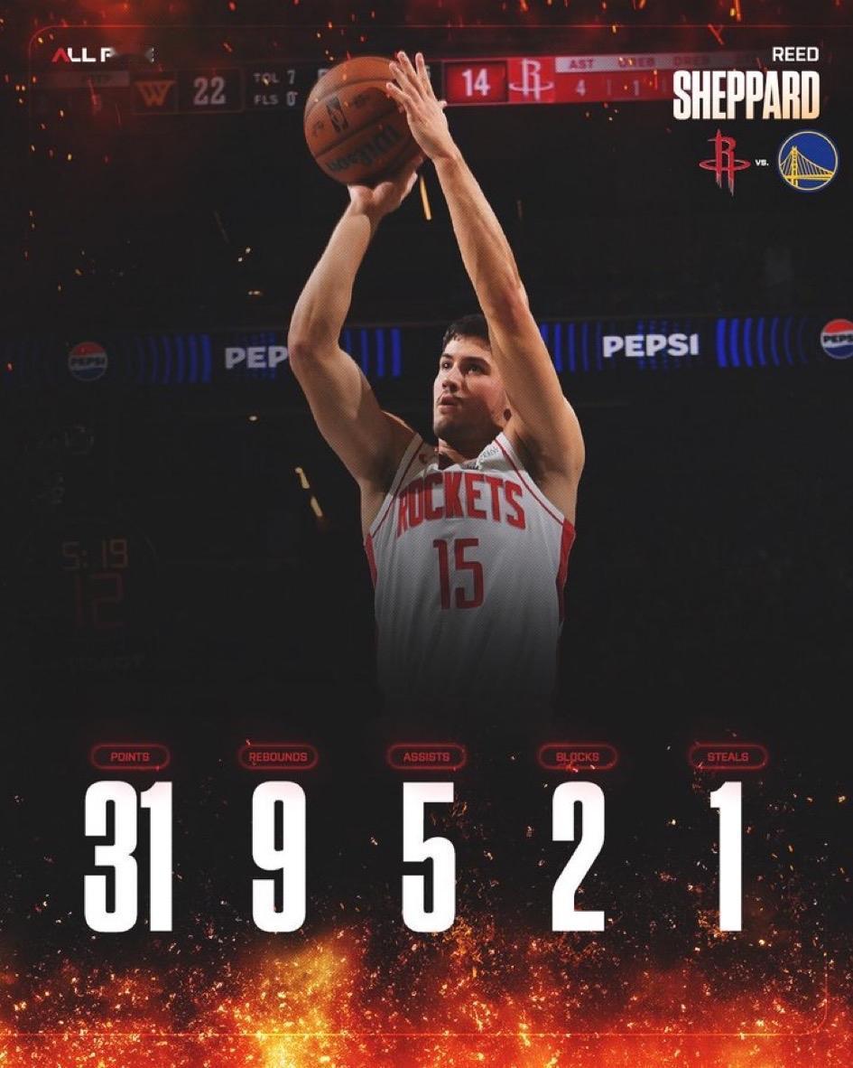 火箭险胜，谢泼德立功！他成为火箭队历史上第二年轻的单场得分超过 30 分、抢下超