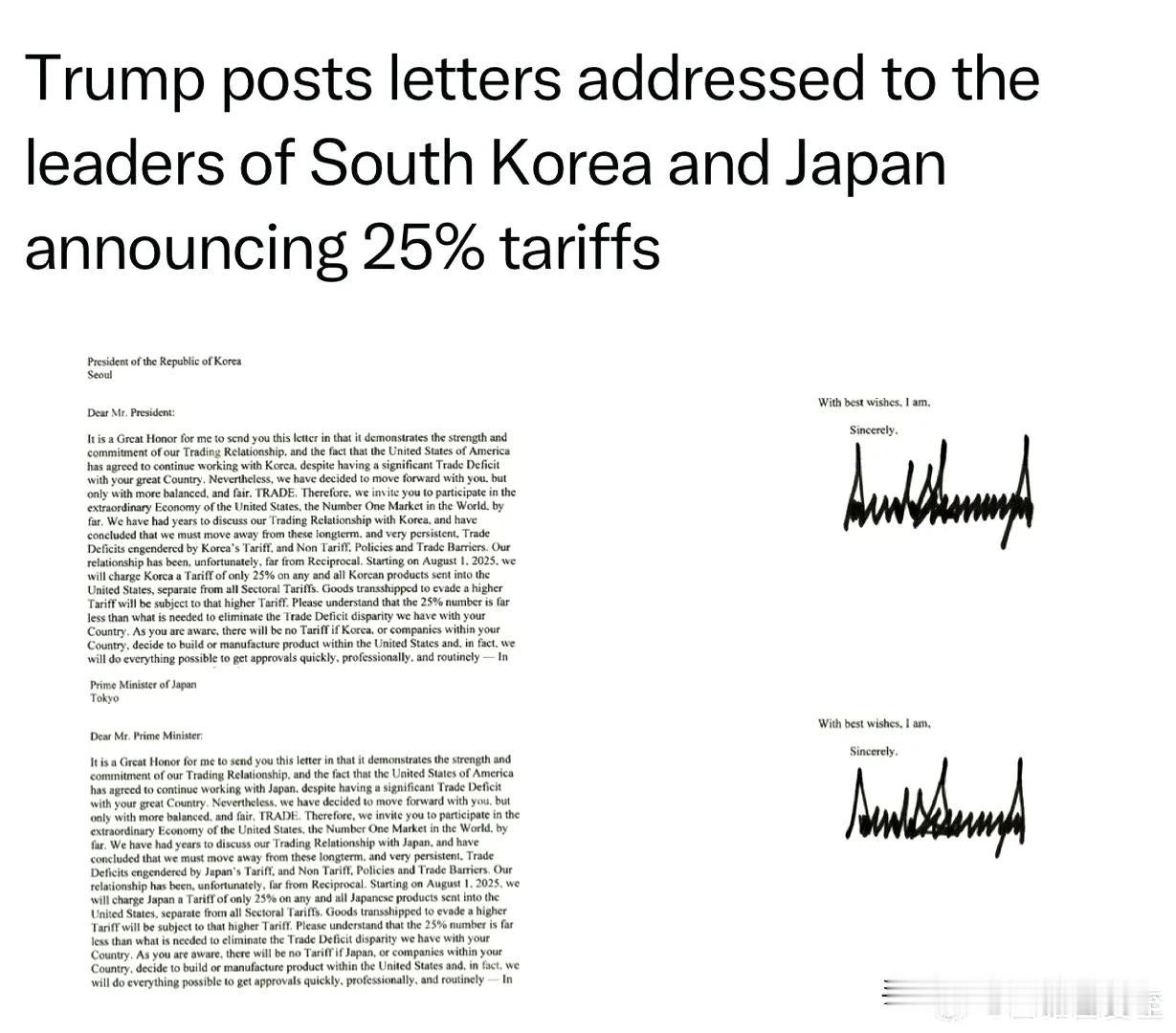 美国新关税通知拿日韩开刀
7月7日，Trump公布给日韩的信：如果还谈不成贸易协