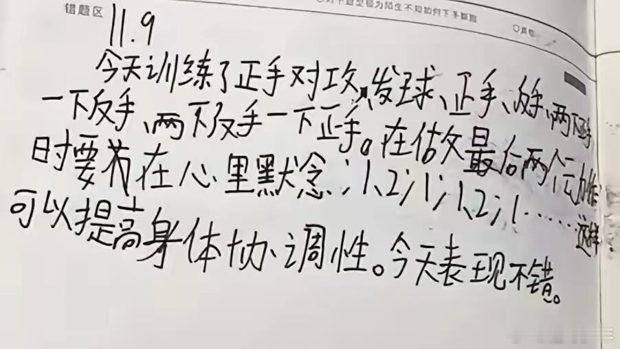 竟然看到樊振东小时候的训练日记。虽然不长，但基本都写到了重点，比较简明实用。看来