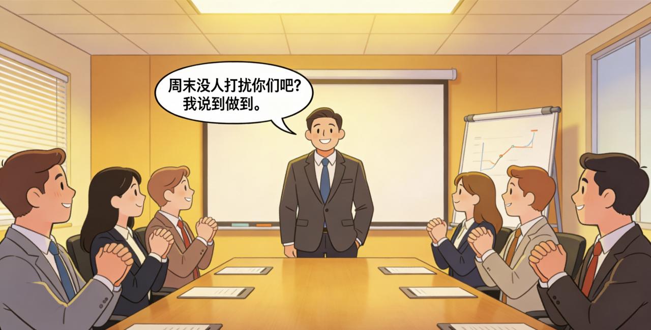 周五晚上八点，领导在群里发了一条消息：
“大家辛苦了，这周末好好休息，工作的事下