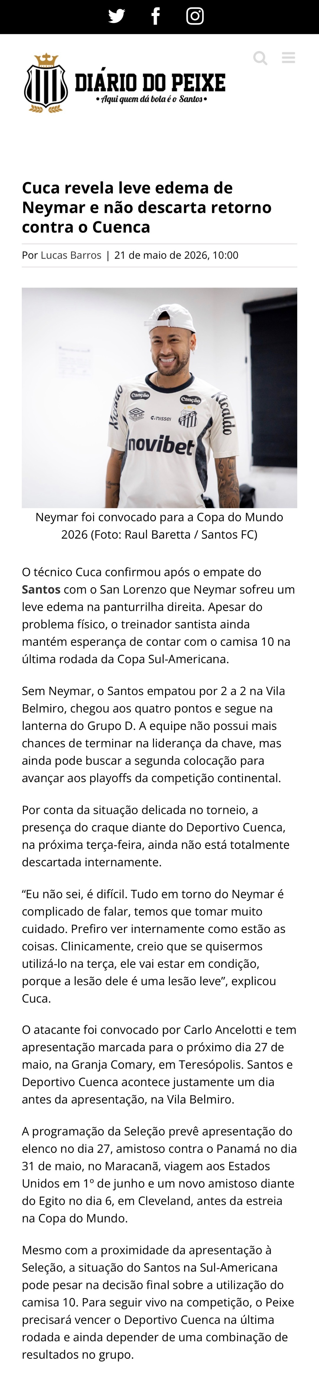 内马尔 Diário do Peixe：「库卡透露内马尔小腿轻微水肿，不排除对阵