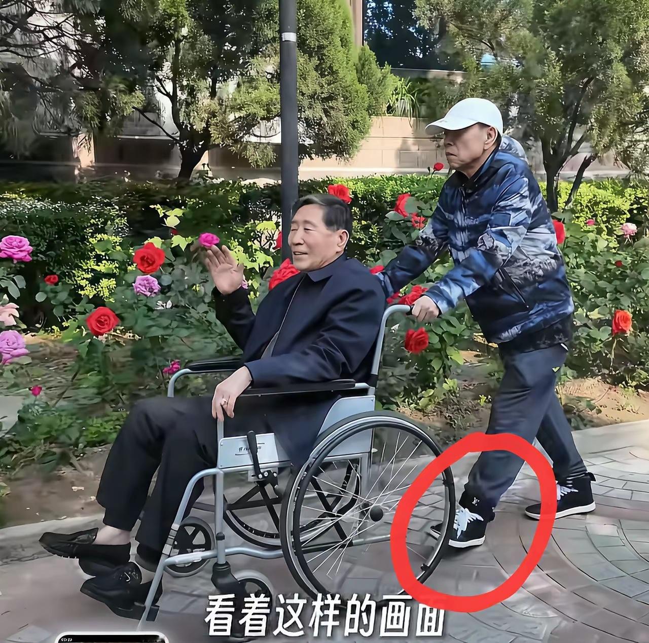潘长江还是有钱，穿着上万元的LV板鞋，推着老爸在小区里散步赏花！​他爸都93岁的