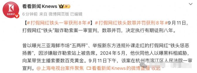判了！打假网红“铁头”被判八年：以“惩恶”之名行“敲诈”之实，法律不吃这套
9月