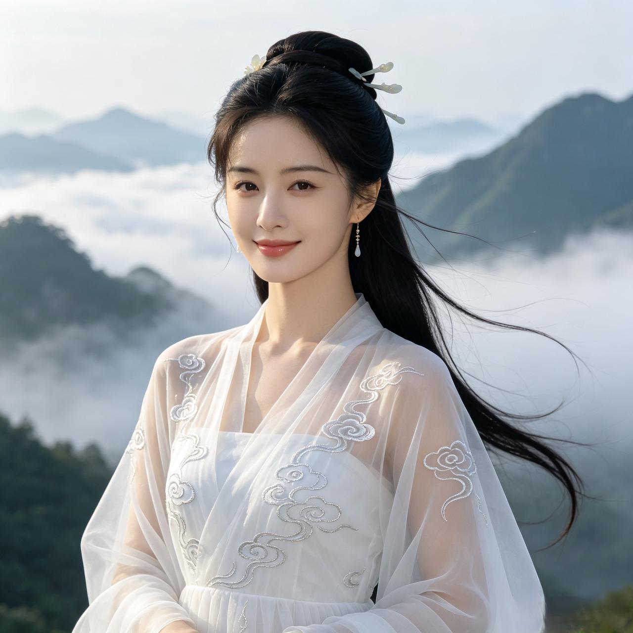 绝句 梦中仙子
 云海为衣山作伴，
清风拂袂意悠然。
眉含远岫含春色，
一笑倾城