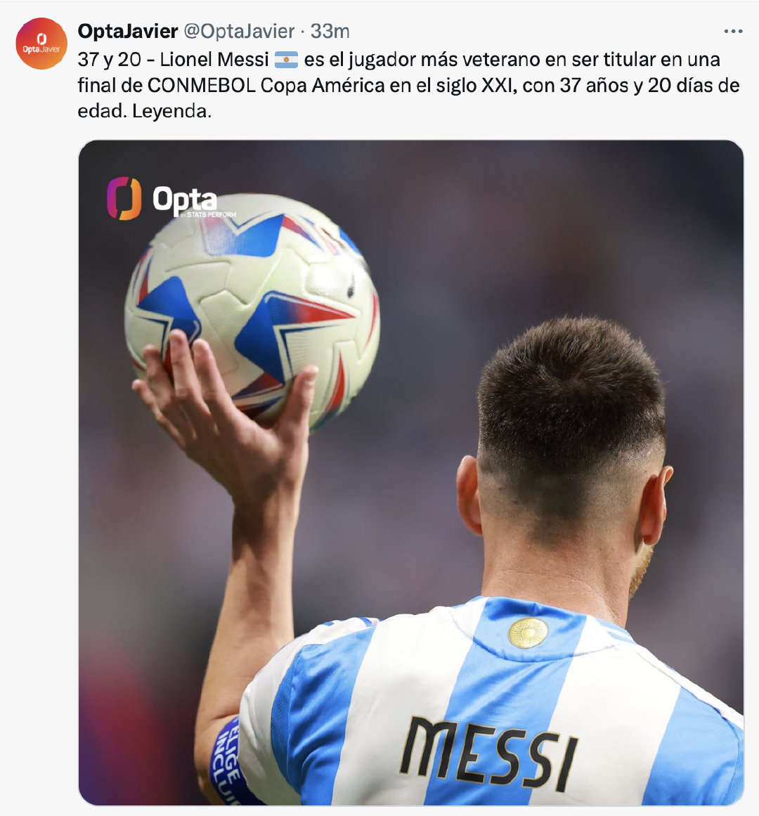 【GOAT🐐】Opta：37岁零20天，梅西将成为21世纪以来，美洲杯决赛年龄
