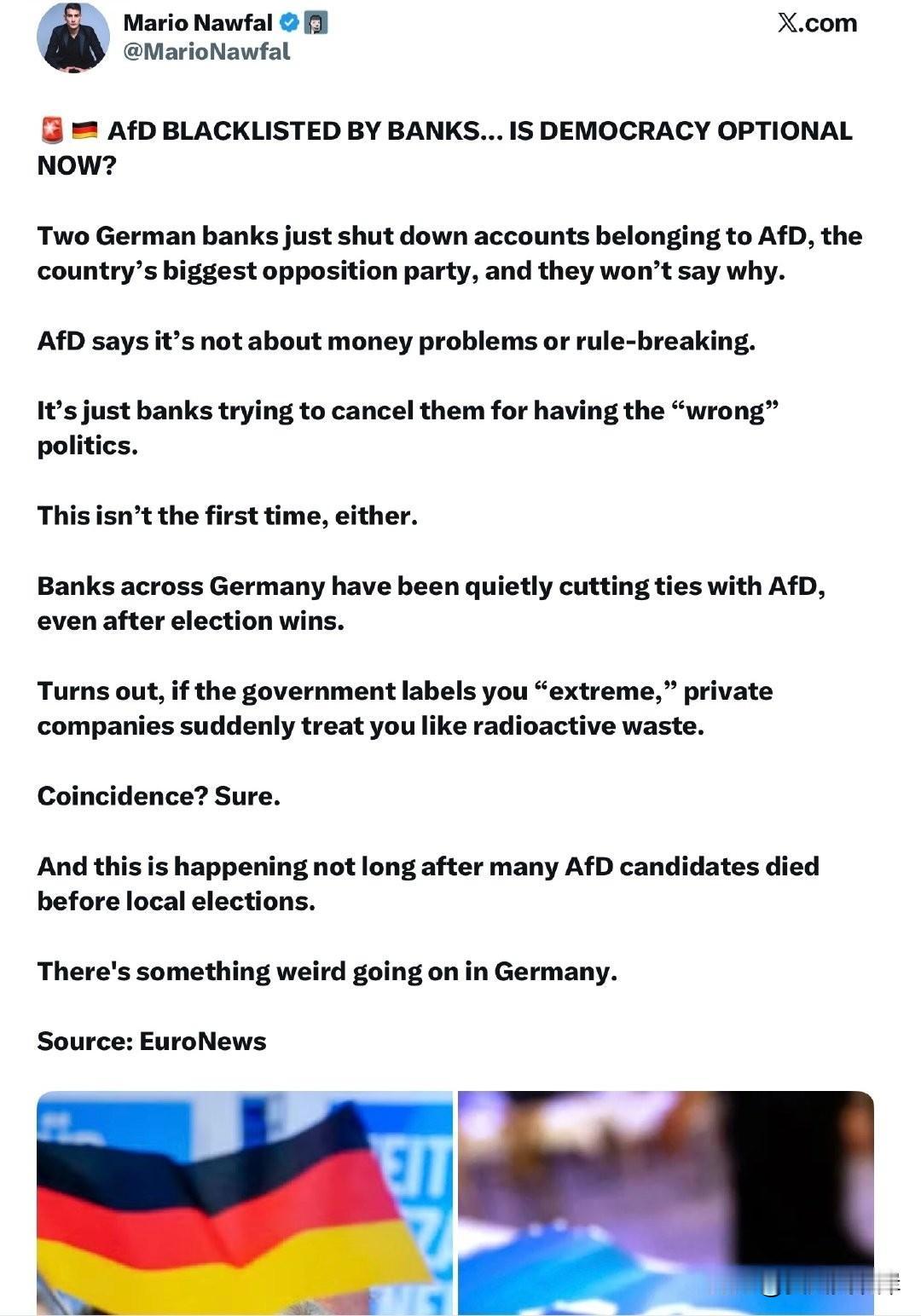 德国选择党（AfD）被银行“拉黑”……民主现在成可选项了？  

两家德国银行刚