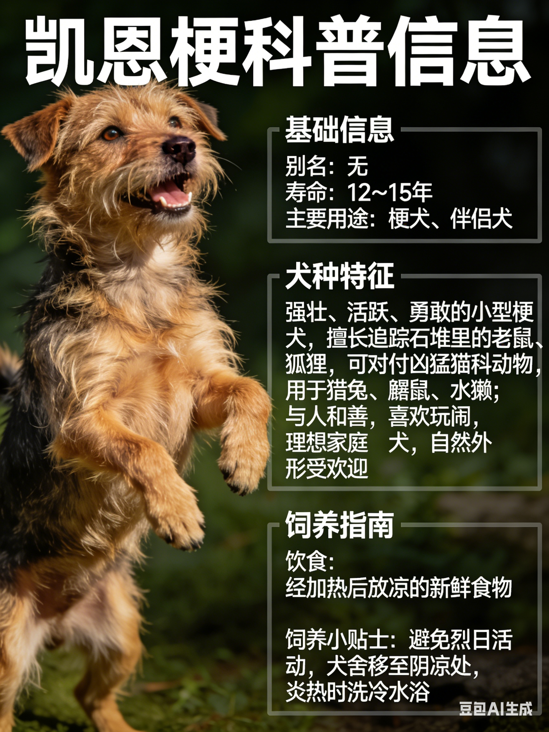 我AI的动物 凯恩梗别名：无寿命：12～15年主要用途：梗犬、伴侣犬凯恩梗是一种