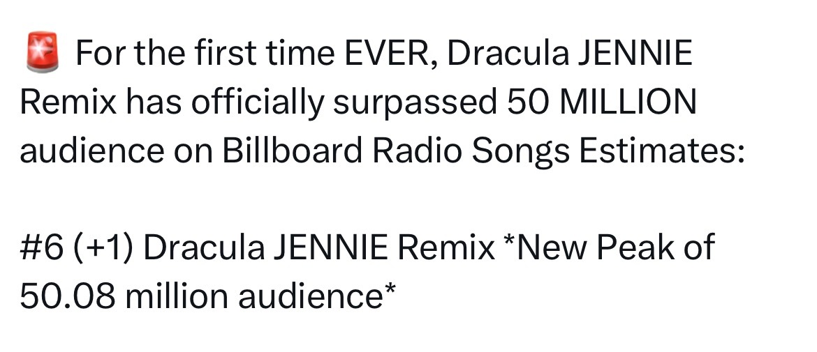 Dracula JENNIE Remix首次超过5000万电台❗️Billboa