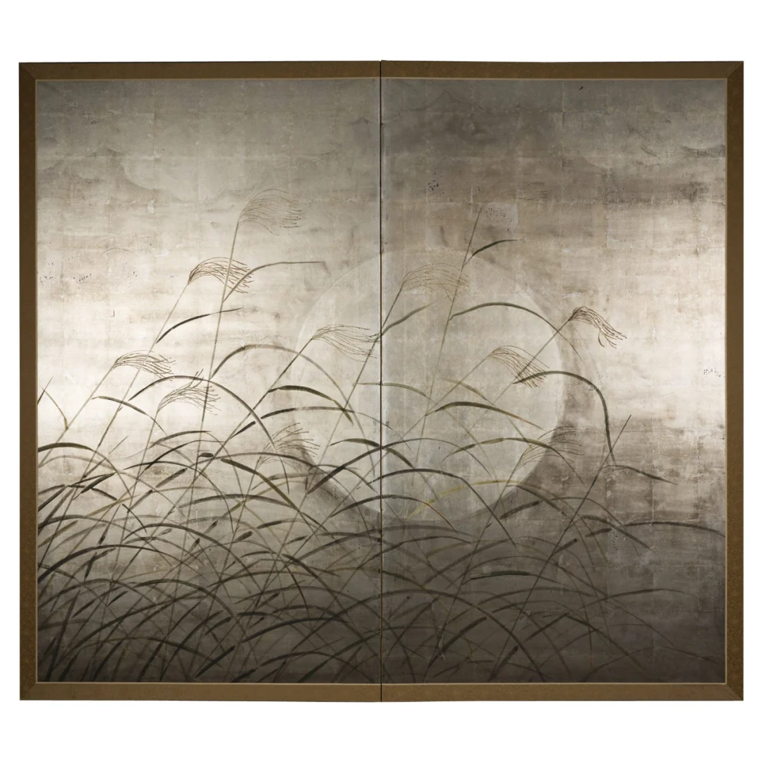 Moon and Wild Grasses on Silver Leaf