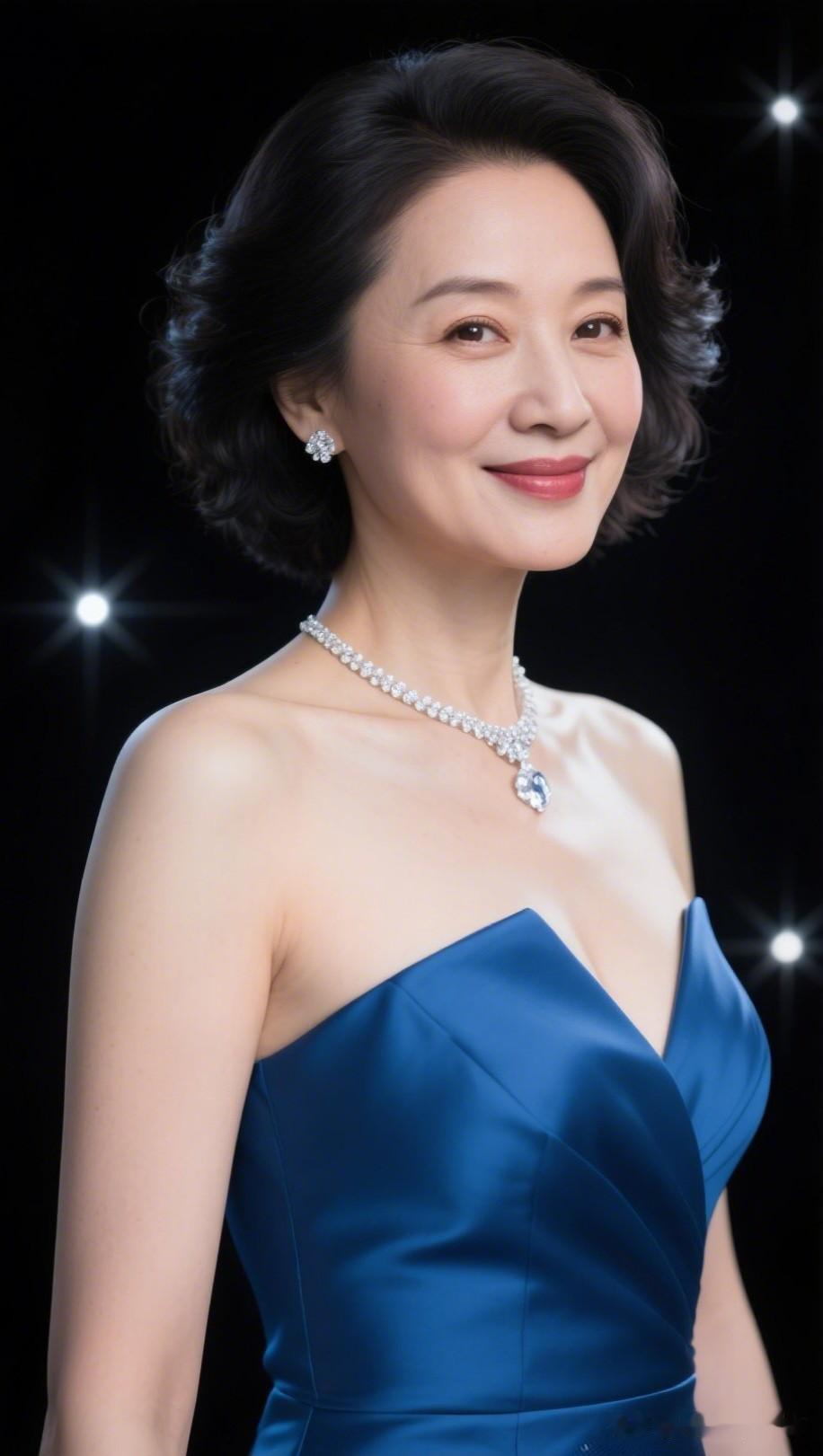 珠光宝气映蓝裙，笑靥如花似月明。