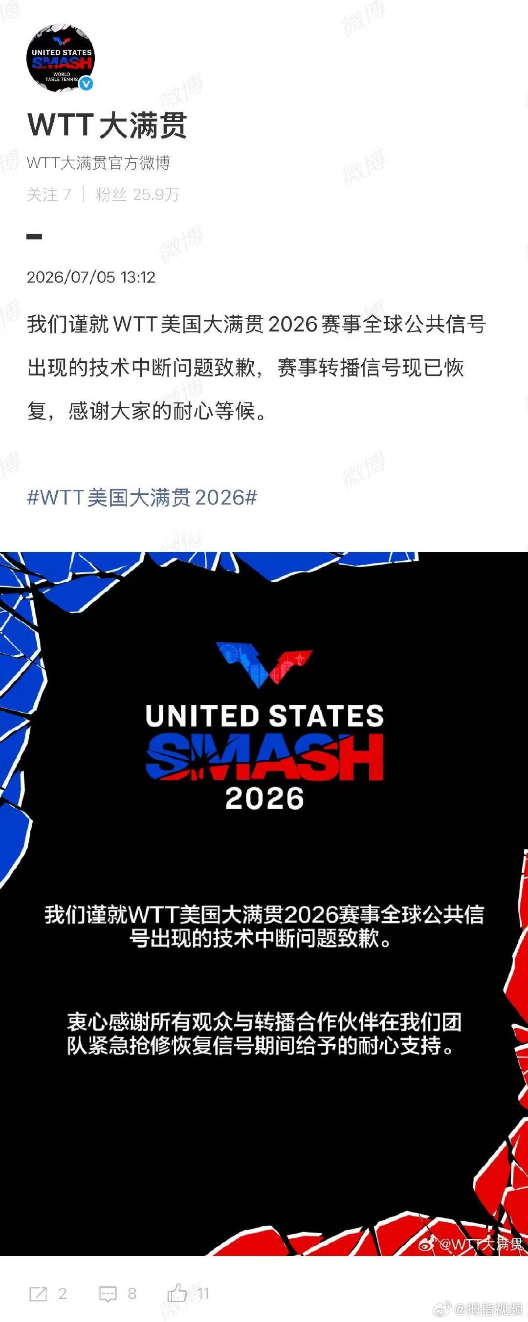 【WTT官方就转播中断致歉】WTT大满贯官方致歉2026年WTT美国大满贯赛事期