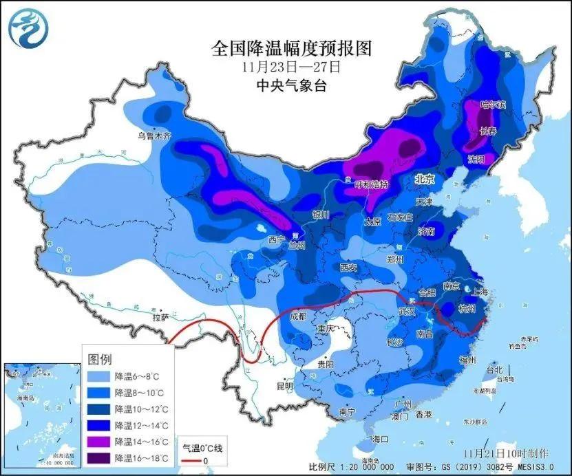 本轮寒潮来袭，南方高温仅有个位数。本周末我国大部分开始降温，同时伴有雨雪天气，北