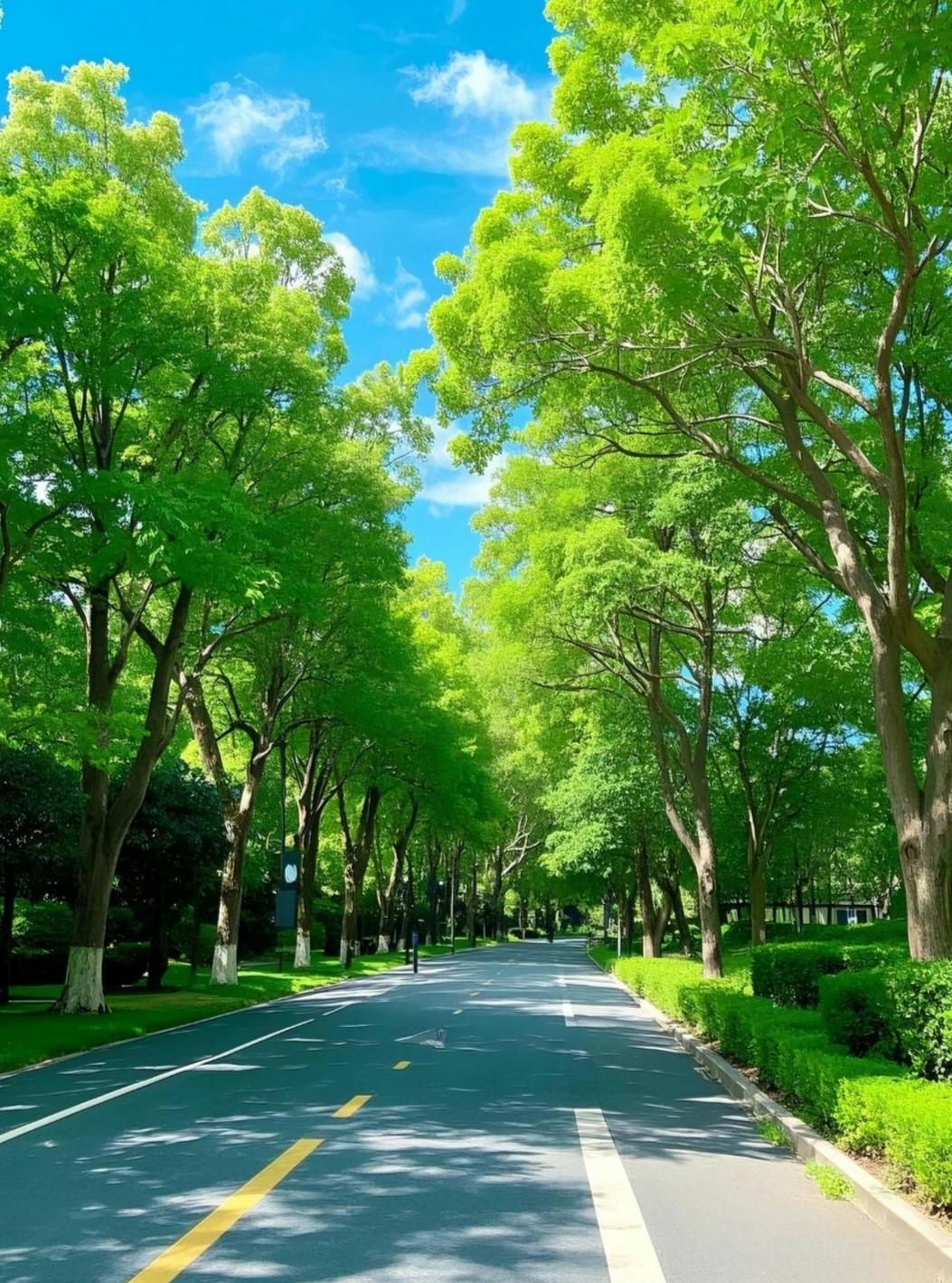 晴日里，蓝天如洗，林荫道被阳光筛下斑驳光影，满眼葱茏绿意，清透又治愈。