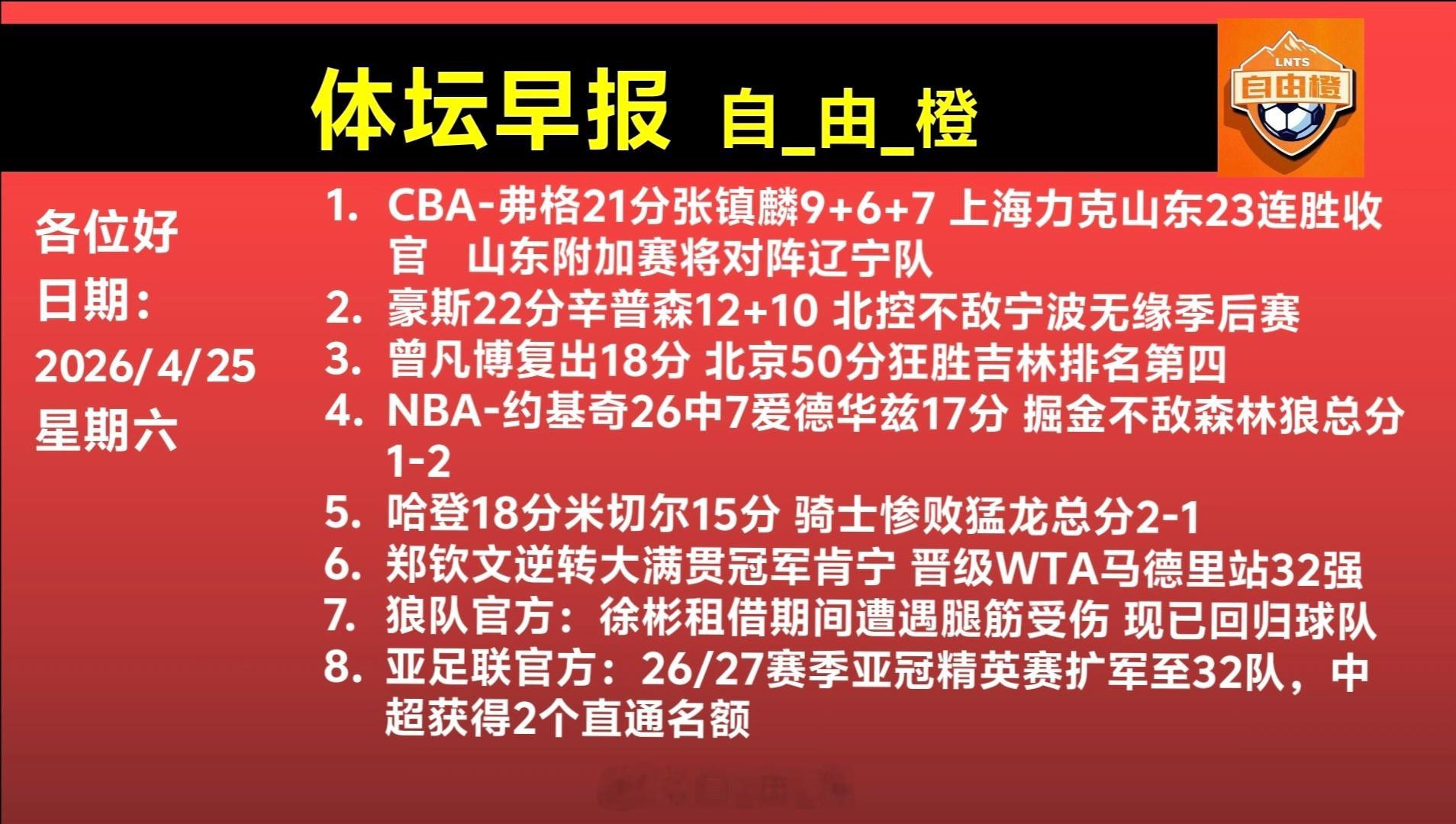 自由橙体坛早晚报每日橙语