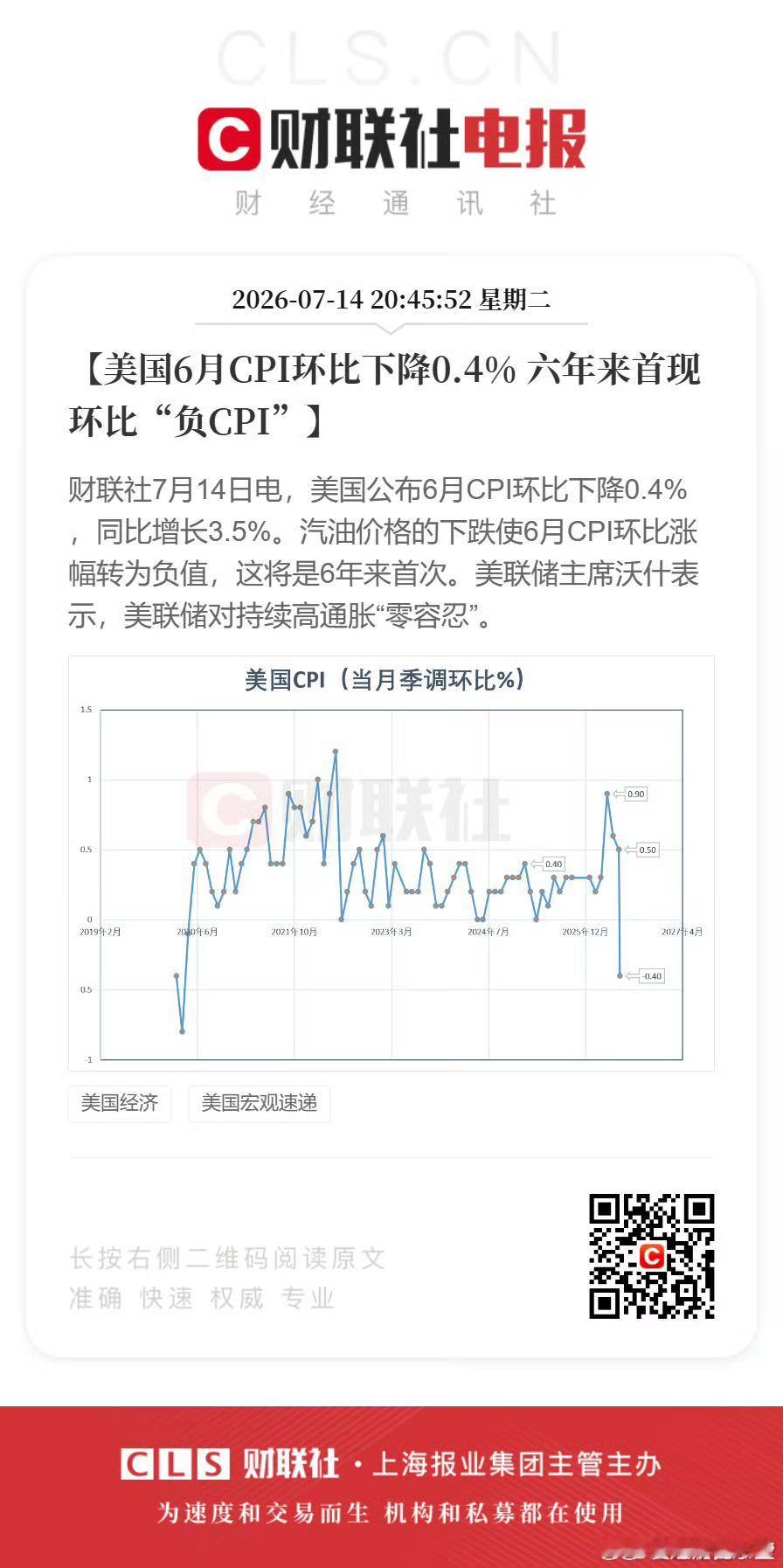 美国6月CPI环比下降0.4% 六年来首现环比“负CPI”。我说期指怎么突然拉升