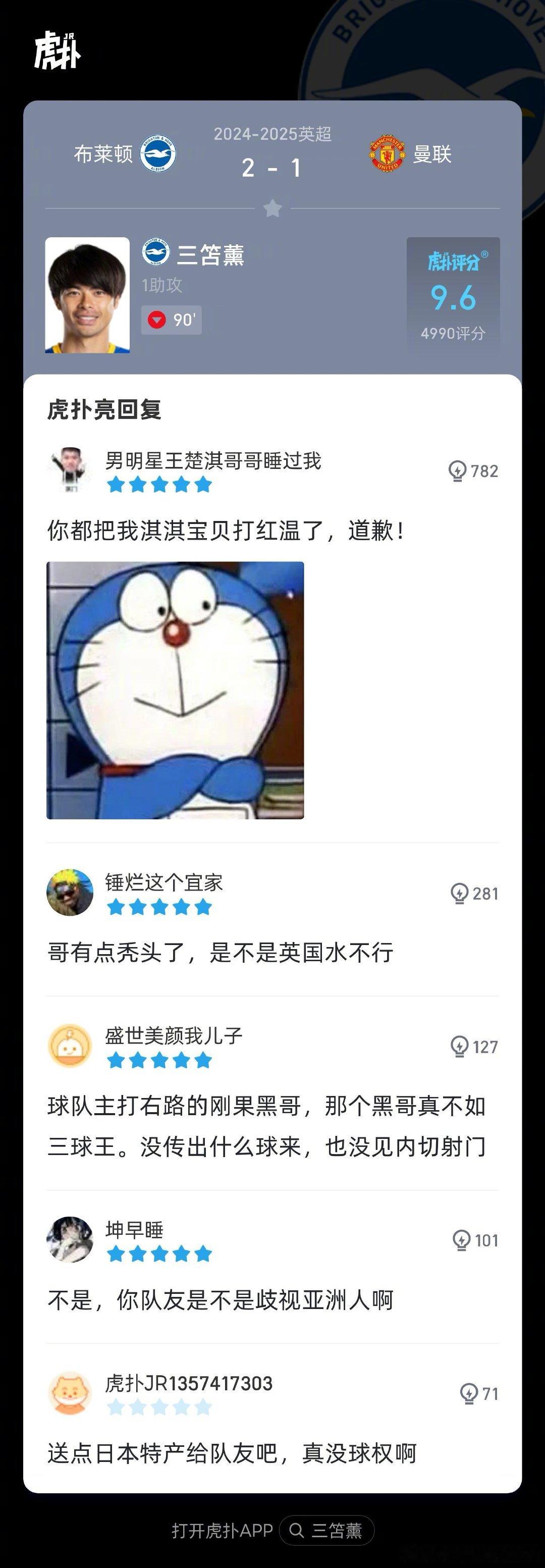 曼联1-2布莱顿，来看看虎扑球迷对本场比赛的犀利评分！ ​ cr：虎扑足球 ​​
