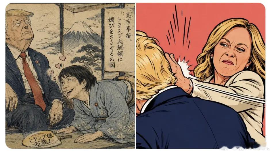 梅洛尼变成打脸特朗普漫画：梅洛尼、高市早苗与特朗普的互动，被画成截然不同的政治姿