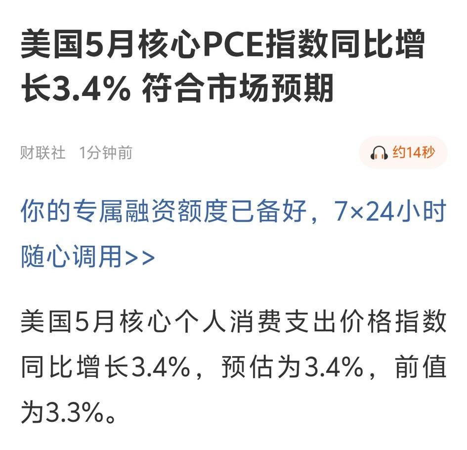核心通胀PCE出来了，3.4%，符合预期，对资本市场来说算是个利好消息CPI通胀