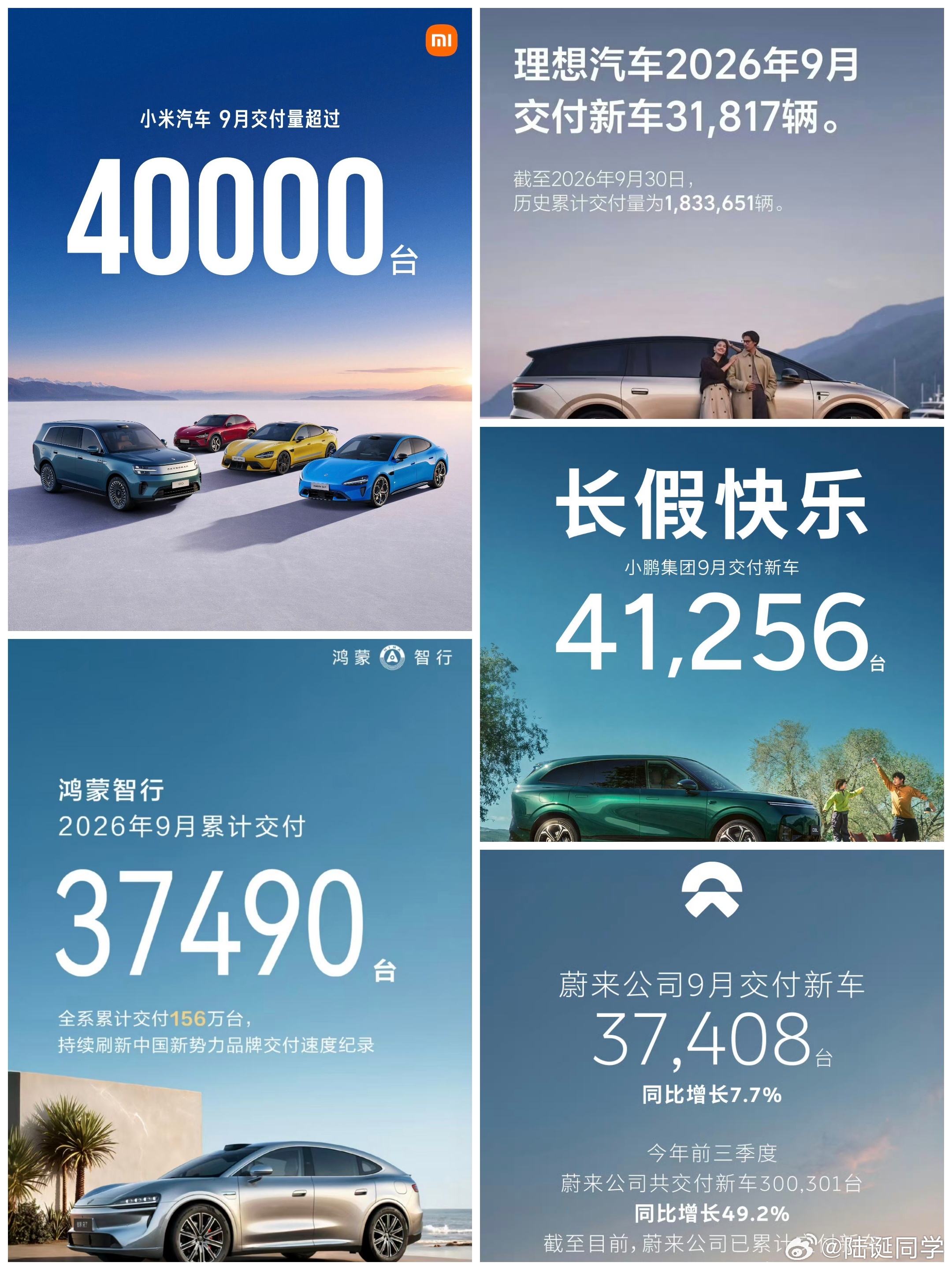 2026年9月五家新势力交付量 小鹏：41256台小米：40000+台鸿蒙智行：