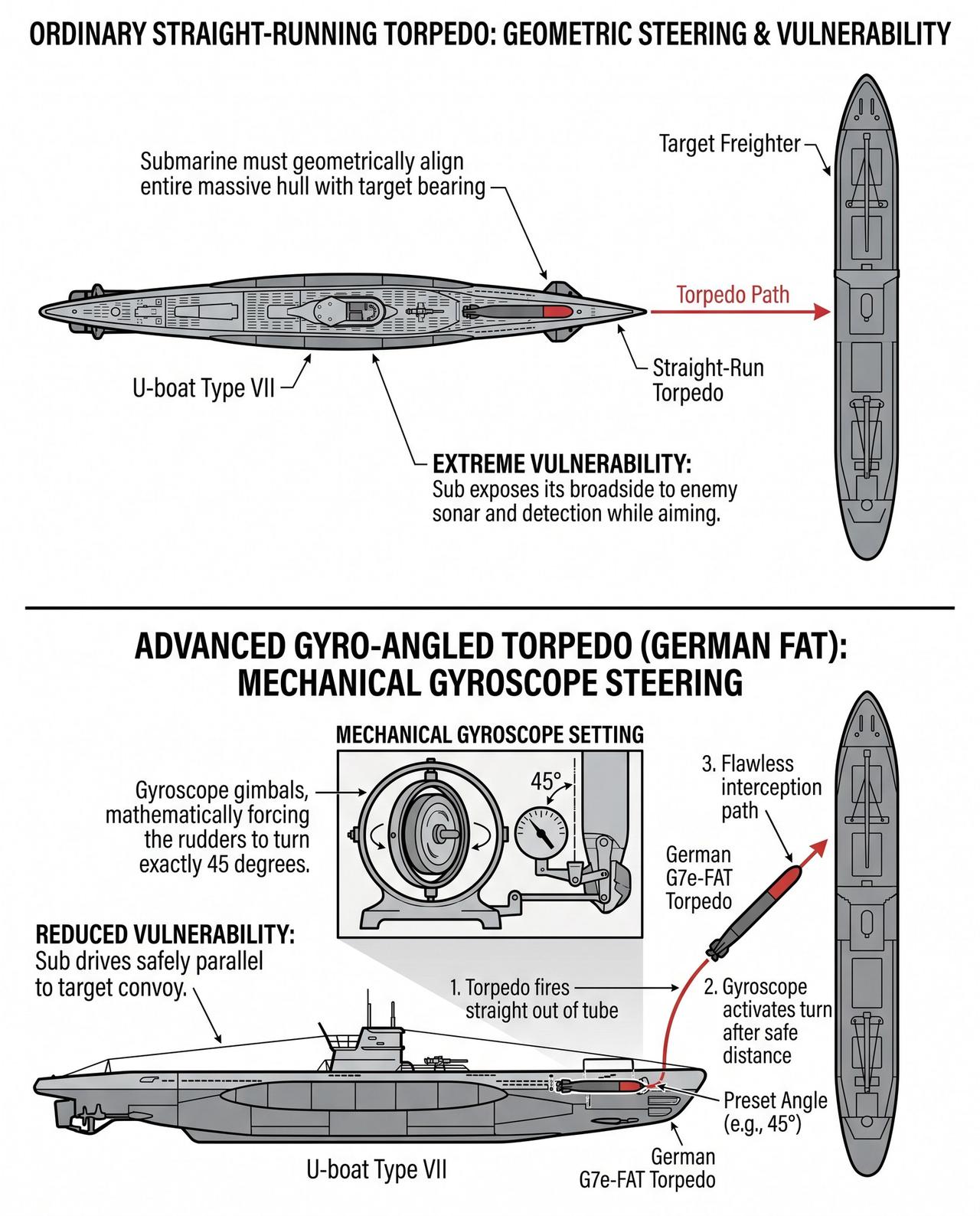 一张图看懂二战潜艇鱼雷的革命性升级：普通直航鱼雷，和德国 FAT 陀螺仪斜射鱼雷