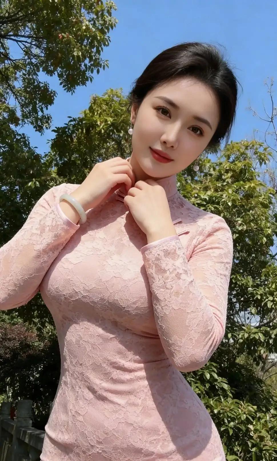 《旗袍》
阳光穿过树叶的缝隙，洒在一条石板小径上，一位穿着粉色旗袍的女子缓缓走来