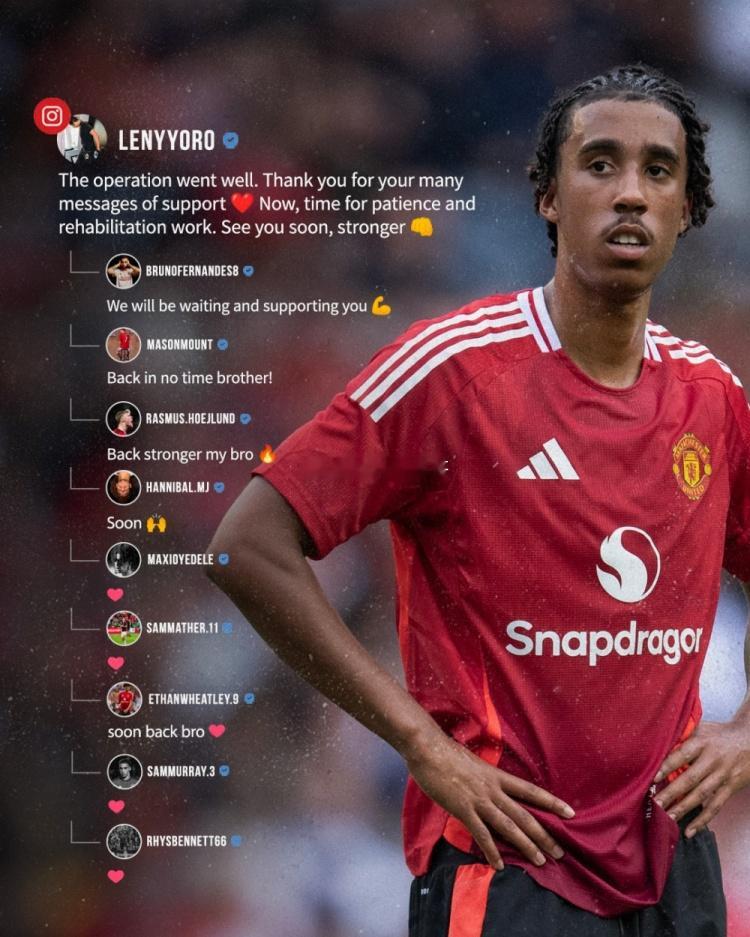 曼联晒队友对约罗的支持：B费、芒特、霍伊伦等人送上祝福曼联官推今天晒出了球员们送